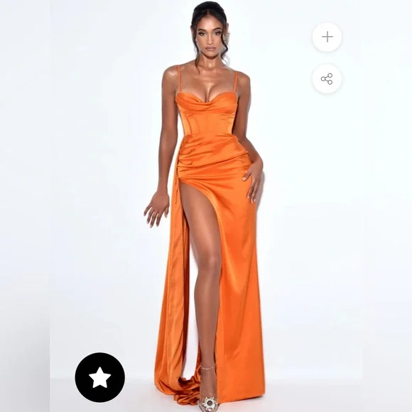 Elayna Orange Strappy Satin Corset High Slit Gown - Picture 1 of 10